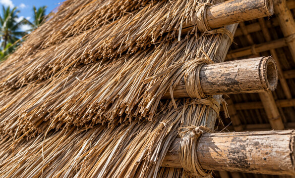 Traditional Grass Thatch Bound to Bamboo Roof Frame