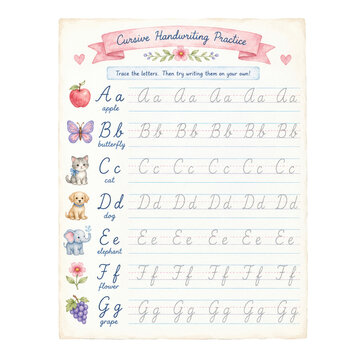Cursive handwriting practice worksheet with colorful letters and educational details, watercolor illustration for  back to school and learning concept