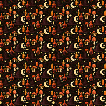 spooky halloween witch hat potion bottle mushroom crescent moon seamless pattern