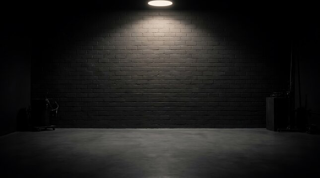 Dark industrial room with black brick wall illuminated by a single overhead spotlight in empty dark studio interior space