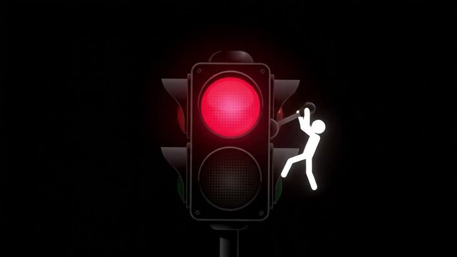 Conceptual illustration of stick figure person turning a key on a glowing red traffic light on dark background