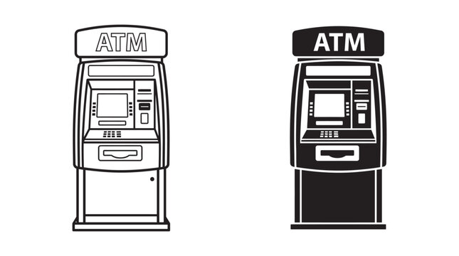 Automated teller machine with banking signage is depicted as a black silhouette
