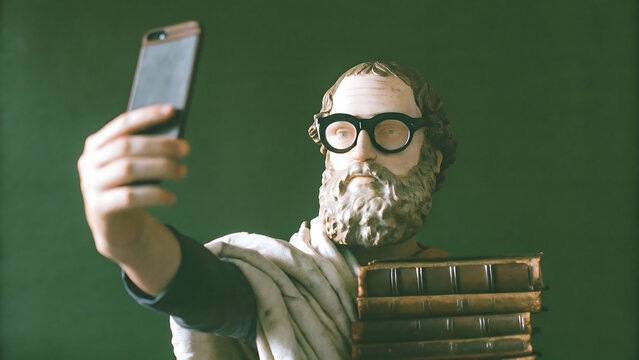 Classical philosopher bust wearing modern glasses taking a selfie with a smartphone