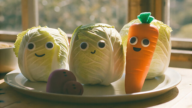 Fresh cabbages and a carrot with googly eyes on a plate by a window