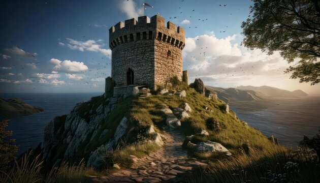 Medieval Castle Tower on Rocky Hilltop.