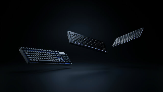 Three black computer keyboards floating in the air against a dark background