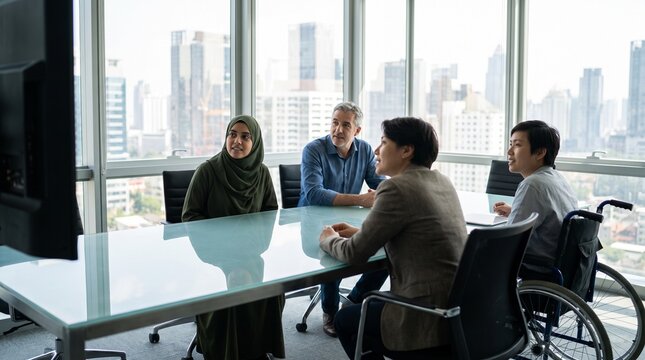 Diverse professional business team engaged in collaborative strategy meeting inside modern office with bright natural lighting and high rise windows