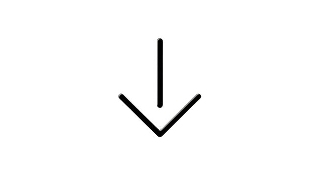 Simple black glossy down arrow icon pointing downward for scroll and navigation direction design on White background