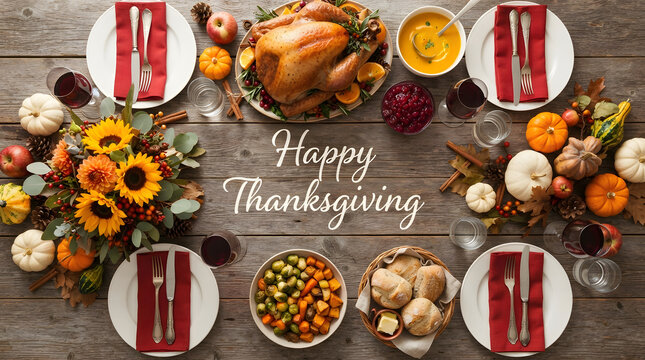 Festive thanksgiving dinner table setting with roasted turkey and autumn decorations