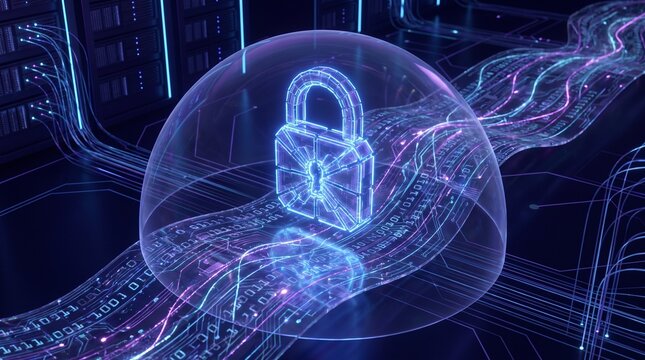 Glowing blue digital padlock protected by a transparent force field within a futuristic server room featuring complex flowing data streams