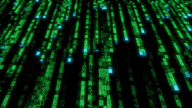 Dense Pixelated Digital Matrix in Shades of Green and Blue with White Highlights on Black Background - High-Tech Design for Software Development, Data Visualization, and Technology Projects