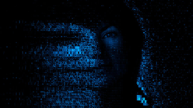 Woman's Face dissolving into Programming Code. Biometric Authentication Concept.