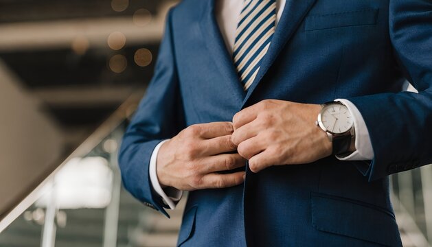 Businessman Buttoning Suit Jacket on Office Staircase