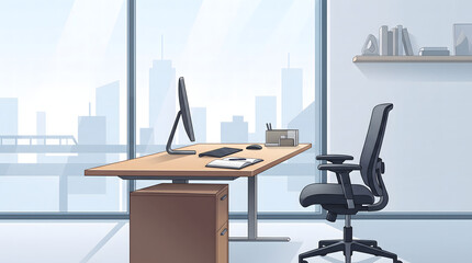 Obraz premium Modern minimalist home office workspace with wooden desk and ergonomic chair overlooking a bright city skyline view