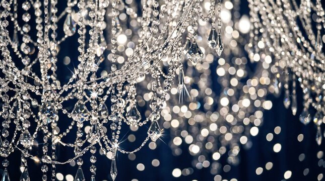 Abstract background featuring shimmering crystal chandelier beads reflecting bright light against a deep dark blue backdrop