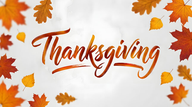Festive thanksgiving calligraphy with colorful autumn leaves on a bright white background