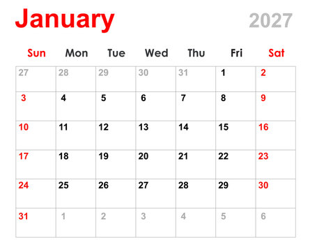 January calendar 2027. Monthly calendar planner January 2027. Calendar and diary layout for January 2027 isolated white background.