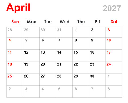 April calendar 2027. Monthly calendar planner April 2027. Calendar and diary layout for April 2027 isolated white background.