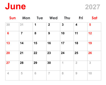 June calendar 2027. Monthly calendar planner June 2027. Calendar and diary layout for June 2027 isolated white background.
