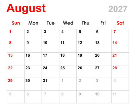 August calendar 2027. Monthly calendar planner August 2027. Calendar and diary layout for August 2027 isolated white background.