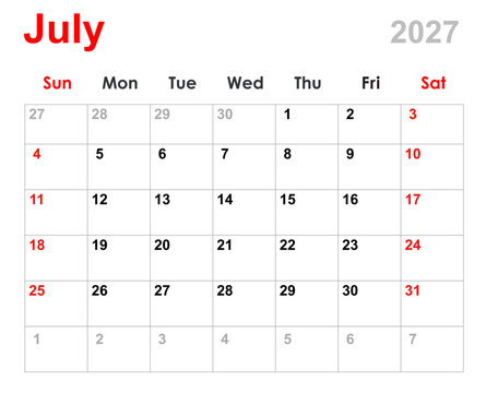 July calendar 2027. Monthly calendar planner July 2027. Calendar and diary layout for July 2027 isolated white background.