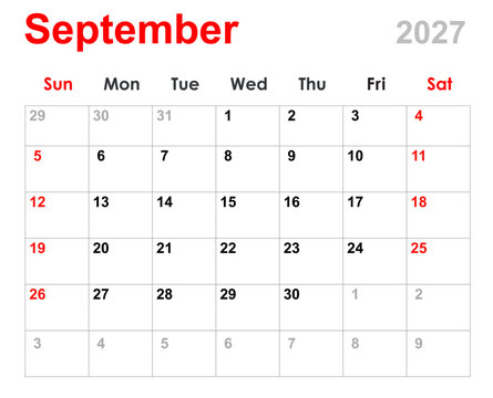 September calendar 2027. Monthly calendar planner September 2027. Calendar and diary layout for September 2027 isolated white background.