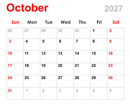 October calendar 2027. Monthly calendar planner October 2027. Calendar and diary layout for October 2027 isolated white background.
