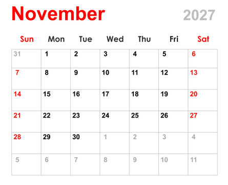 November calendar 2027. Monthly calendar planner November 2027. Calendar and diary layout for November 2027 isolated white background.