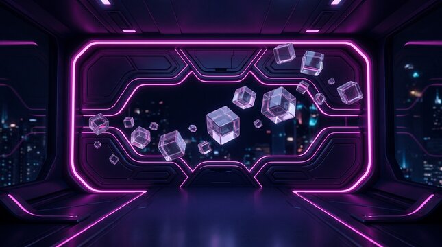 Futuristic dark corridor with glowing purple neon lights and floating digital cubes in a virtual space