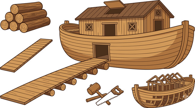 Noah's Ark biblical wooden ship construction vector set featuring large ark vessel logs ramp frame hull saw and mallet