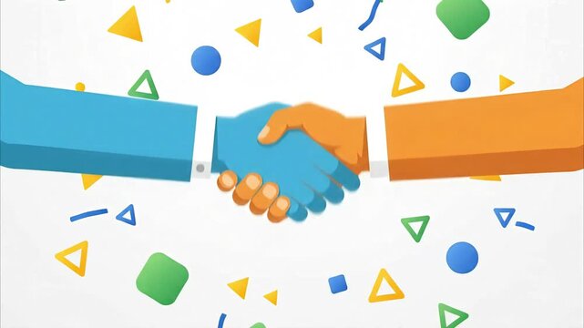 Vector illustration of two business people shaking hands celebrating a successful deal with colorful confetti background