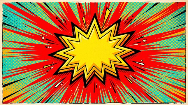 Abstract comic book style background with a bright yellow star burst explosion and vibrant red rays