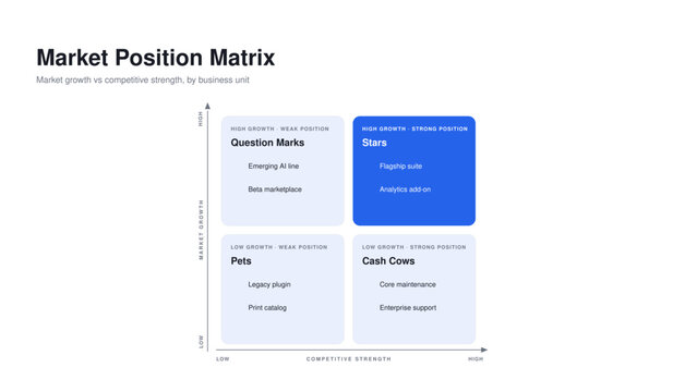 Business quadrant - market positioning and growth share matrix