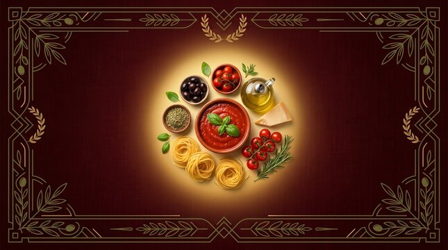 Top view of fresh mediterranean ingredients arranged in a circle on a dark vintage ornate background