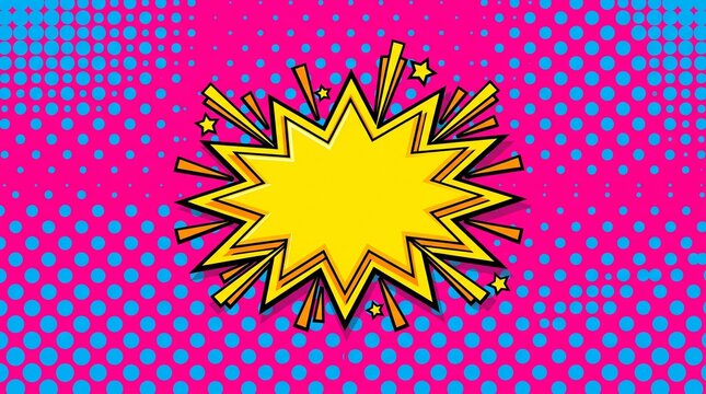 Bright yellow comic book style explosion burst shape on a vibrant pink and blue halftone background