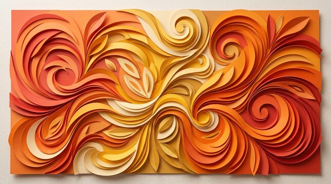 Abstract textured wall art with flowing orange and yellow swirls creating a dynamic three dimensional effect