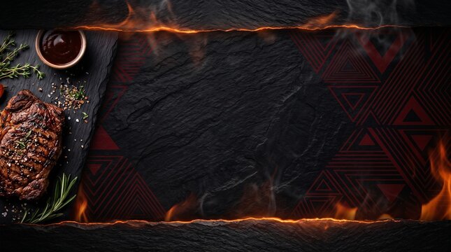 Grilled steak with herbs and spices on a dark rustic wooden background with fire flames border