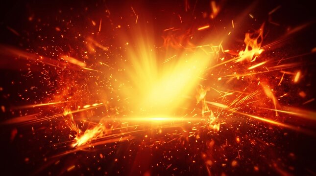 Abstract background with bright golden light explosion and glowing particles on a dark red textured surface