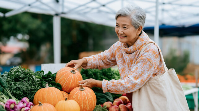 Smiling elderly woman arranging orange pumpkins and fresh vegetables at an outdoor market stall beneath a canopy, seasonal produce display in an open air market setting