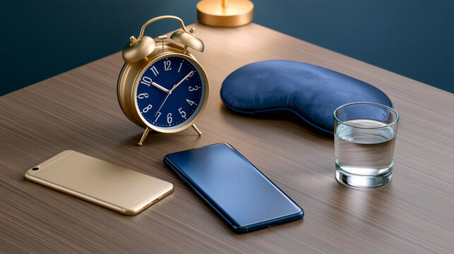 Analog alarm clock, smartphone, gold phone, blue sleep mask, glass of water and lamp arranged on wooden bedside table in a calm bedroom nightstand still life scene