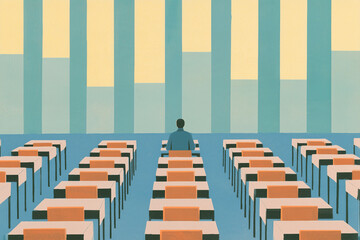 Obraz premium Lone Student Seated in Vast Exam Hall With Rows of Empty Desks, Exam Stress and Test Anxiety Concept 