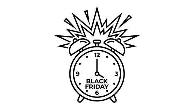 Urgent Black Friday shopping event announcement featuring a classic alarm clock graphic with exploding lines, symbolizing limited-time deals and exciting sales promotions