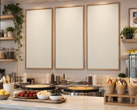 Modern Crepe Cafe Interior with Three Blank Menu Boards Fresh Fruit Toppings Crepe Griddles Sauces and Wooden Counter