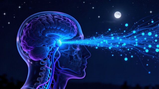 Pineal Gland Secreting Melatonin During Nighttime with Glowing Blue Secretion Particles
