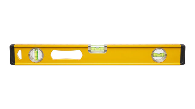 Professional yellow spirit level for construction work. Accurate measuring tool with vials for leveling surfaces, ideal for home renovation, carpentry, and home improvement.