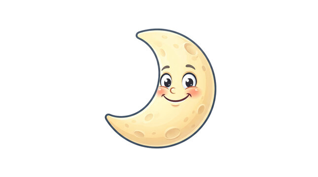 A cheerful crescent moon cartoon character with a happy face. Perfect for children projects, baby nursery decor, bedtime story illustrations, and whimsical celestial designs.