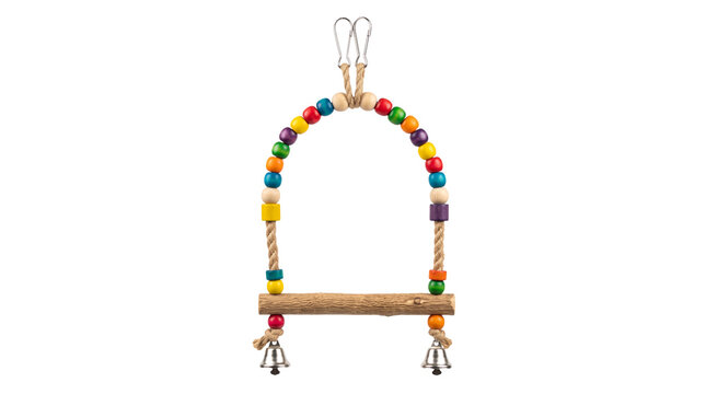 Colorful wooden bird swing with beads and bells for pet parrot. A fun, interactive toy for birds to perch and play, designed for cage enrichment and activity.