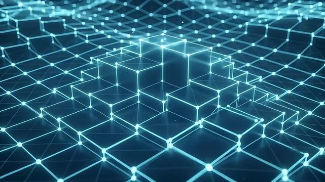 Abstract Digital Blue Block Grid Network Technology Background with Glowing Glowing Lines and Dots