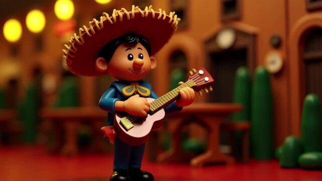 Claymation mariachi musician strumming a guitar, fingers mid-strum, plasticine plaza and string lights behind, warm festive glow