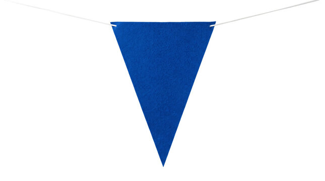 A single blue triangular felt pennant flag hanging on a white string. Perfect for festive party banners, event celebrations, craft projects, or celebratory graphic design.